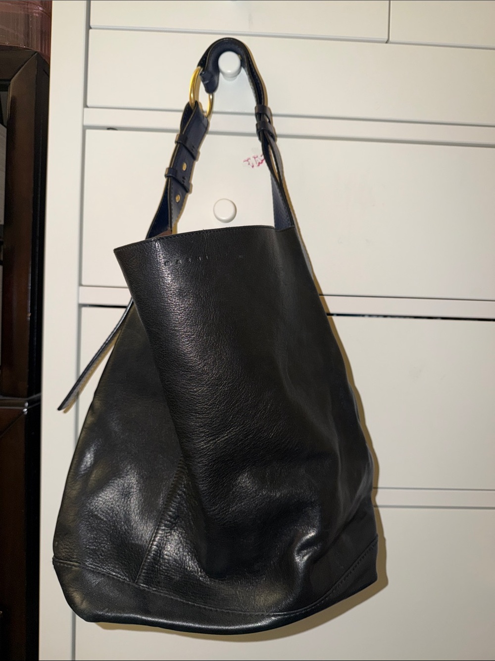 Marni Black Leather Tote with Gold Ring Strap Hardware